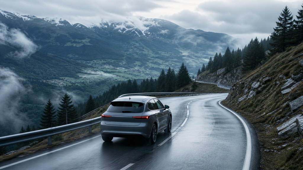 Voiture électrique roulant sur une route de montagne humide par temps frais