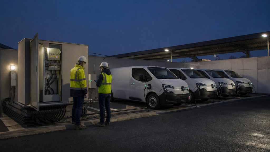 Techniciens contrôlant des bornes devant une flotte d'utilitaires électriques au dépôt