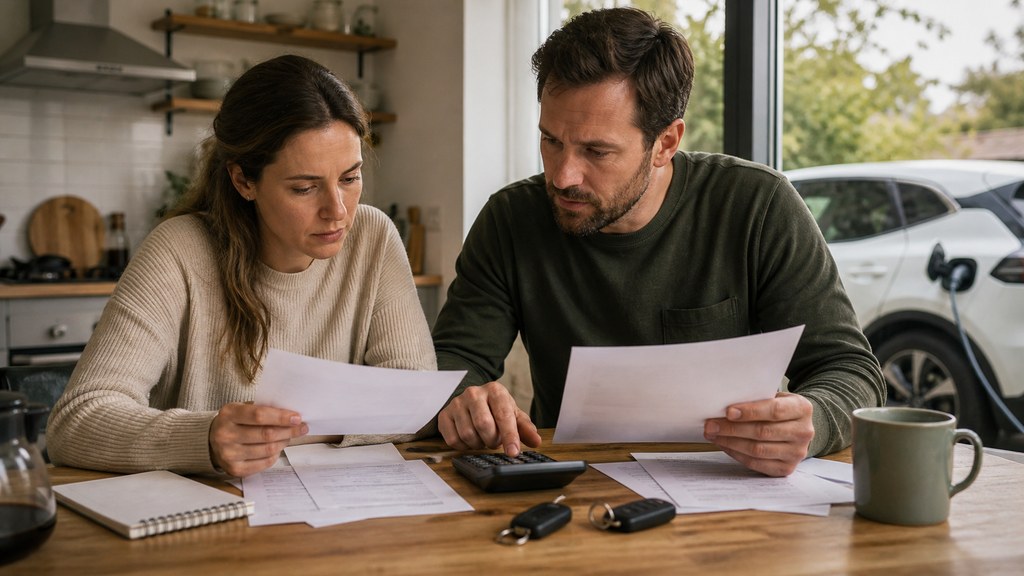 Couple comparant ses dépenses automobiles à une table près d'une voiture électrique