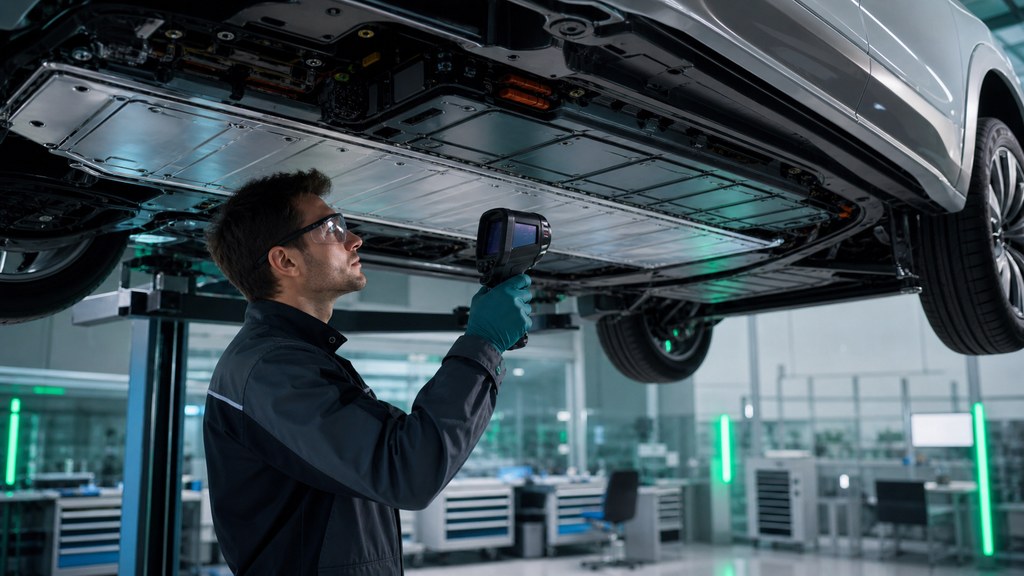 Technicien inspectant le dessous et la batterie d'une voiture électrique en atelier