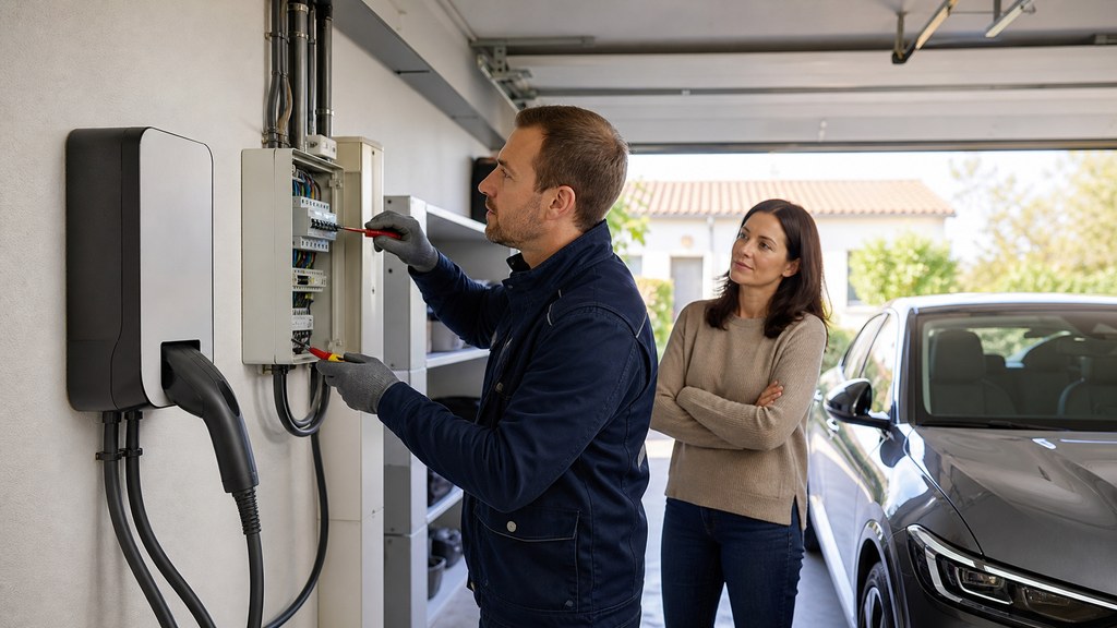 Installateur qualifié réglant une borne de recharge dans le garage d'une maison