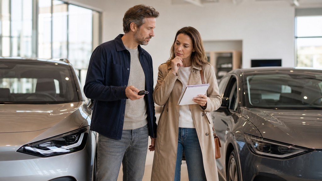 Couple comparant un contrat de location et un achat dans une concession de voitures électriques