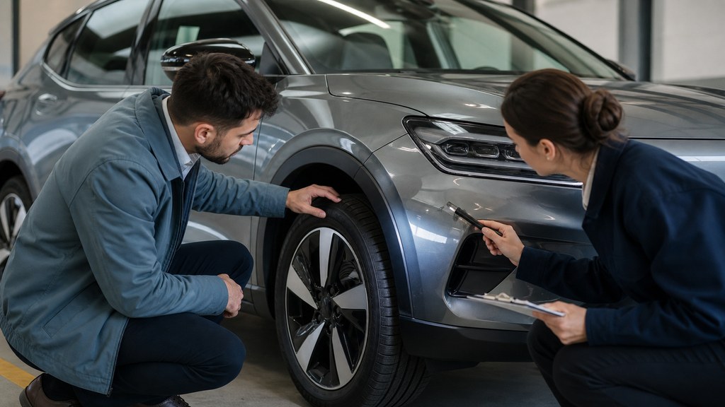 Couple inspectant une roue et la carrosserie avant de signer une location automobile