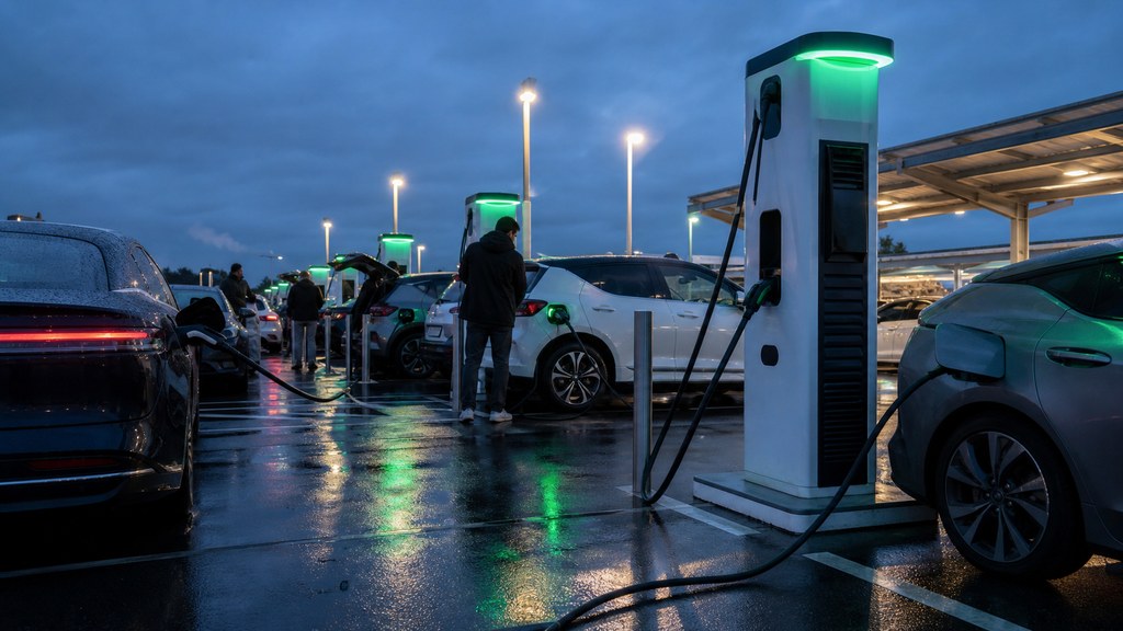 Station de recharge éclairée avec véhicules électriques lors d'un trajet par temps humide