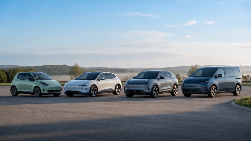 Panorama de plusieurs formats de voitures électriques sur une aire d'essai