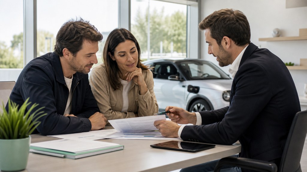 Acheteurs et conseiller comparant plusieurs solutions de financement pour une voiture électrique