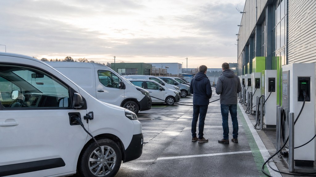 Flotte professionnelle d'utilitaires électriques alignés devant leurs bornes de recharge