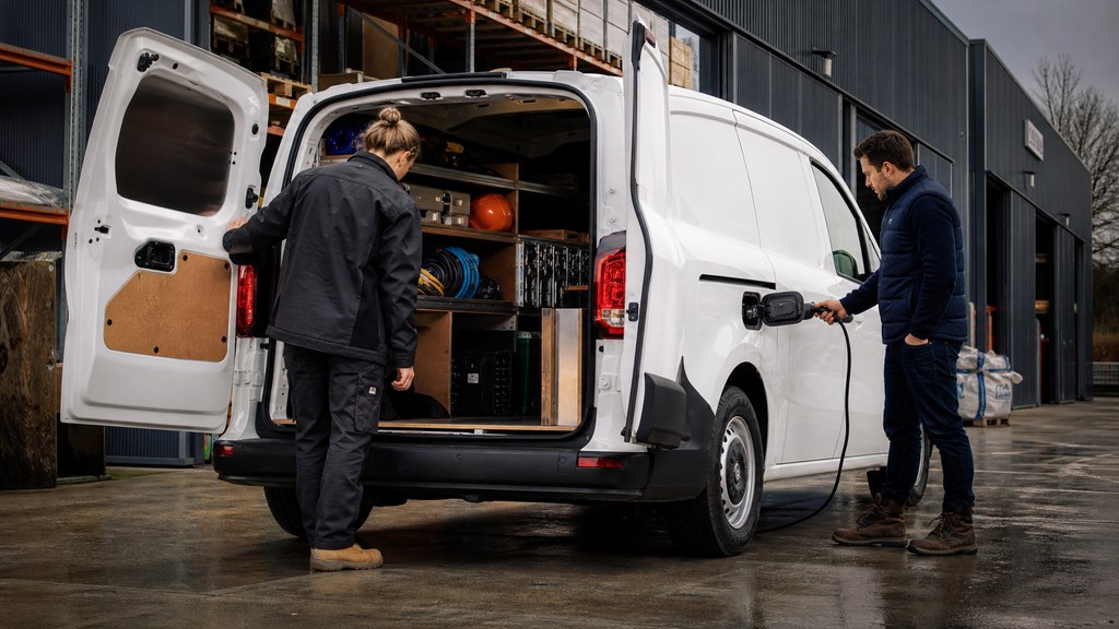 Artisans rangeant leur matériel dans un utilitaire électrique devant un atelier
