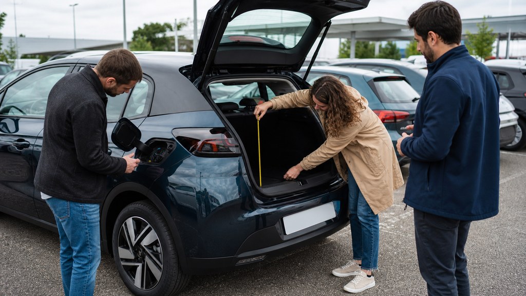 Famille vérifiant le coffre et l'habitacle d'une voiture électrique sur un parc automobile