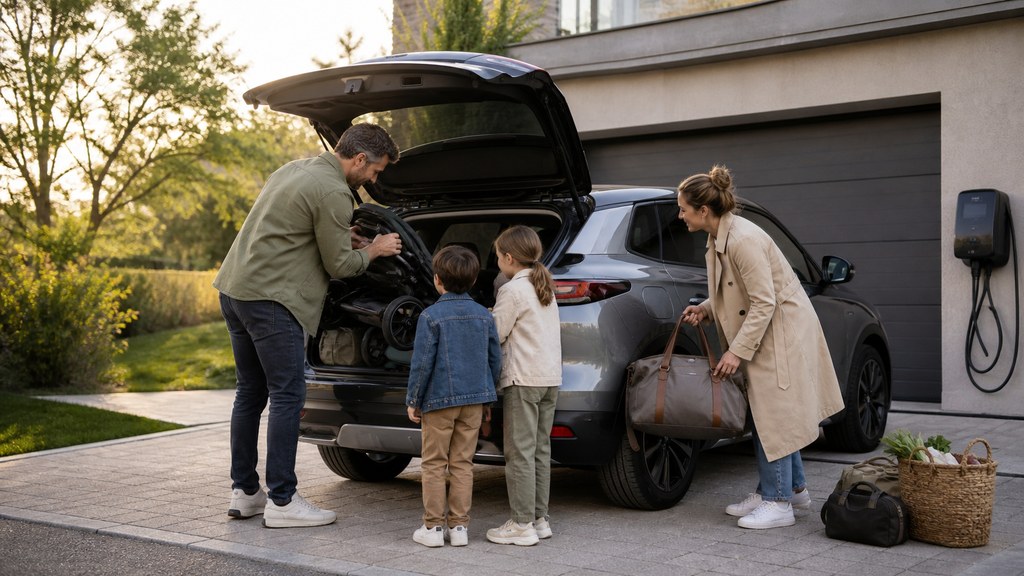 Famille chargeant bagages et poussette dans une voiture électrique devant une maison