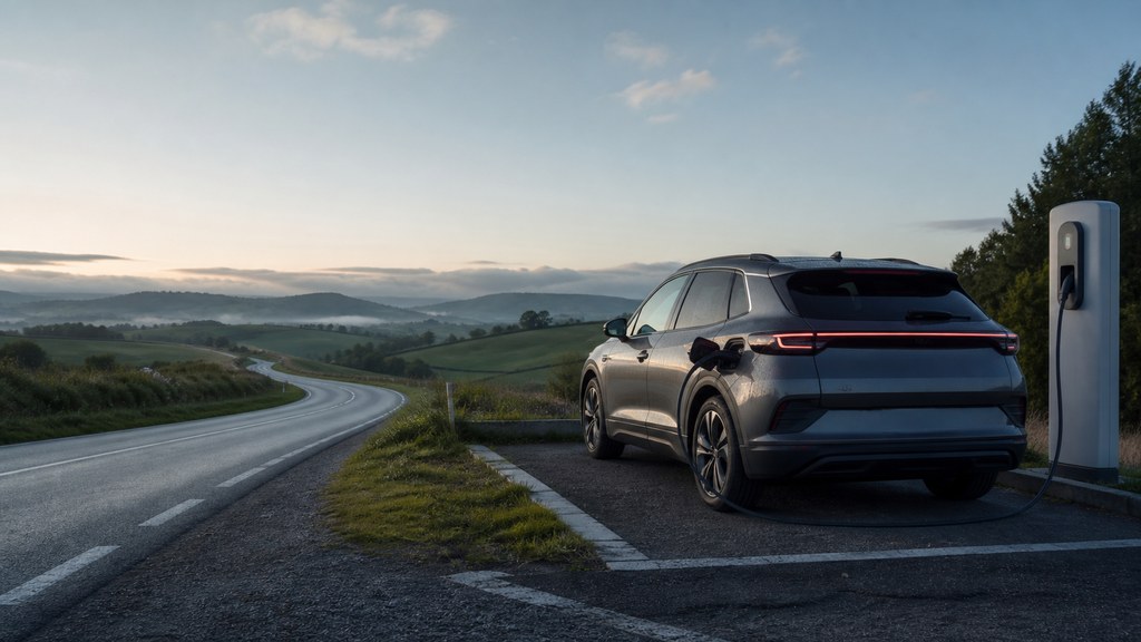 Voiture électrique quittant un point de recharge sur une route de campagne